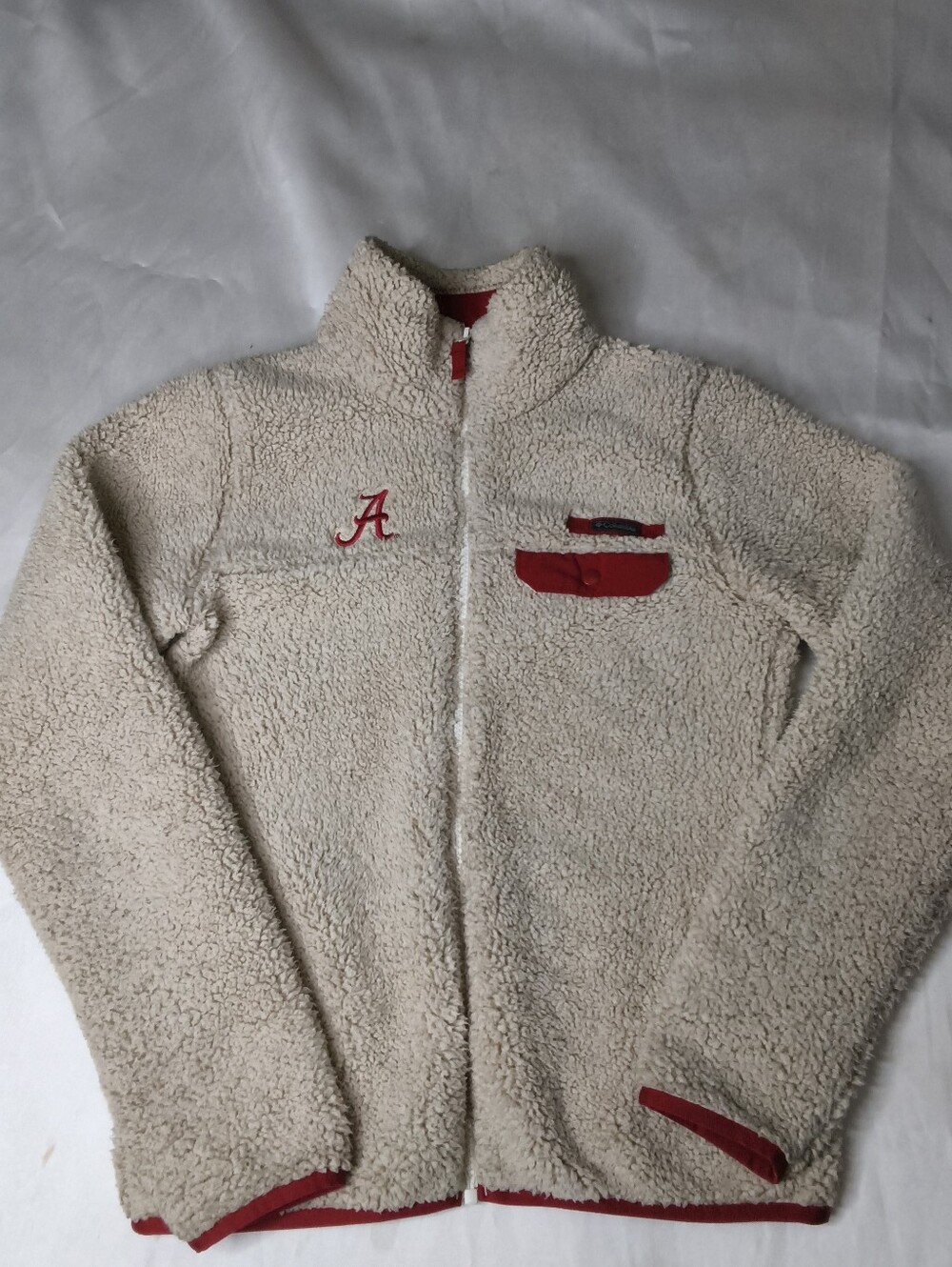 University Script A Cream Sherpa Jacket with Red Trim - Kids